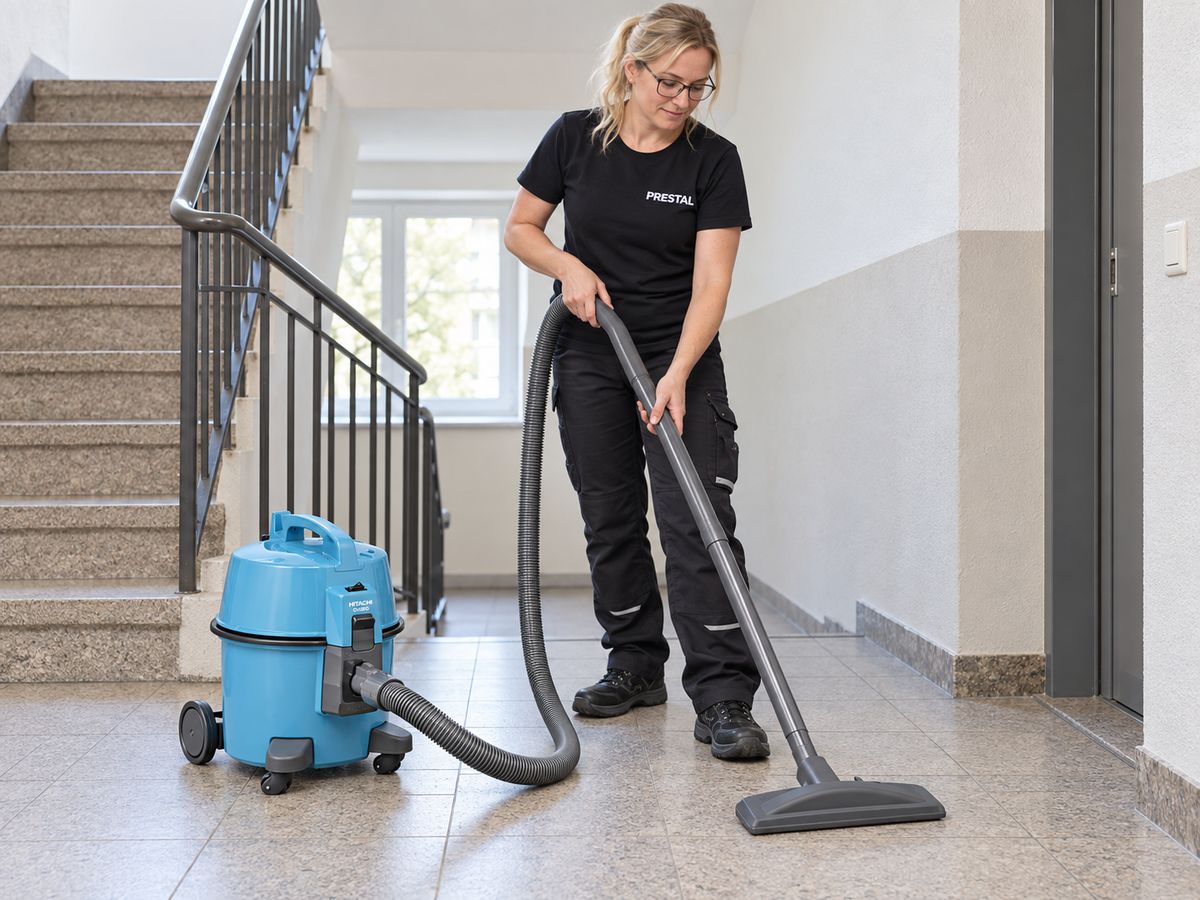 Agente blonde à lunettes en t-shirt noir Prestal utilisant un aspirateur Hitachi CV400 dans une cage d'escalier
