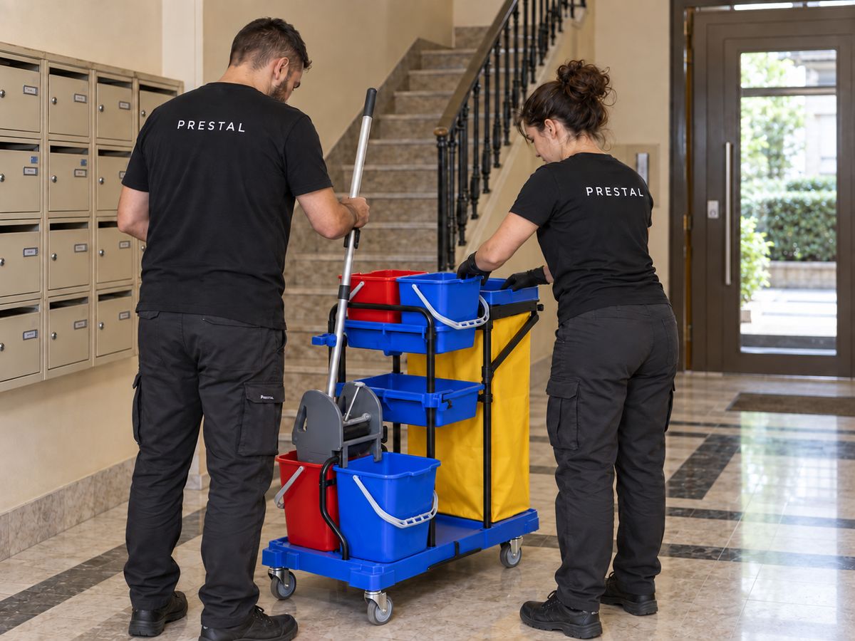 Deux agents en t-shirt noir Prestal avec un chariot de nettoyage bleu, seaux rouge et bleu et sac jaune dans une cage d’escalier