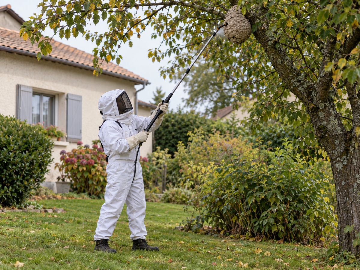 Technicien en combinaison de protection traitant un nid de frelons avec une perche télescopique
