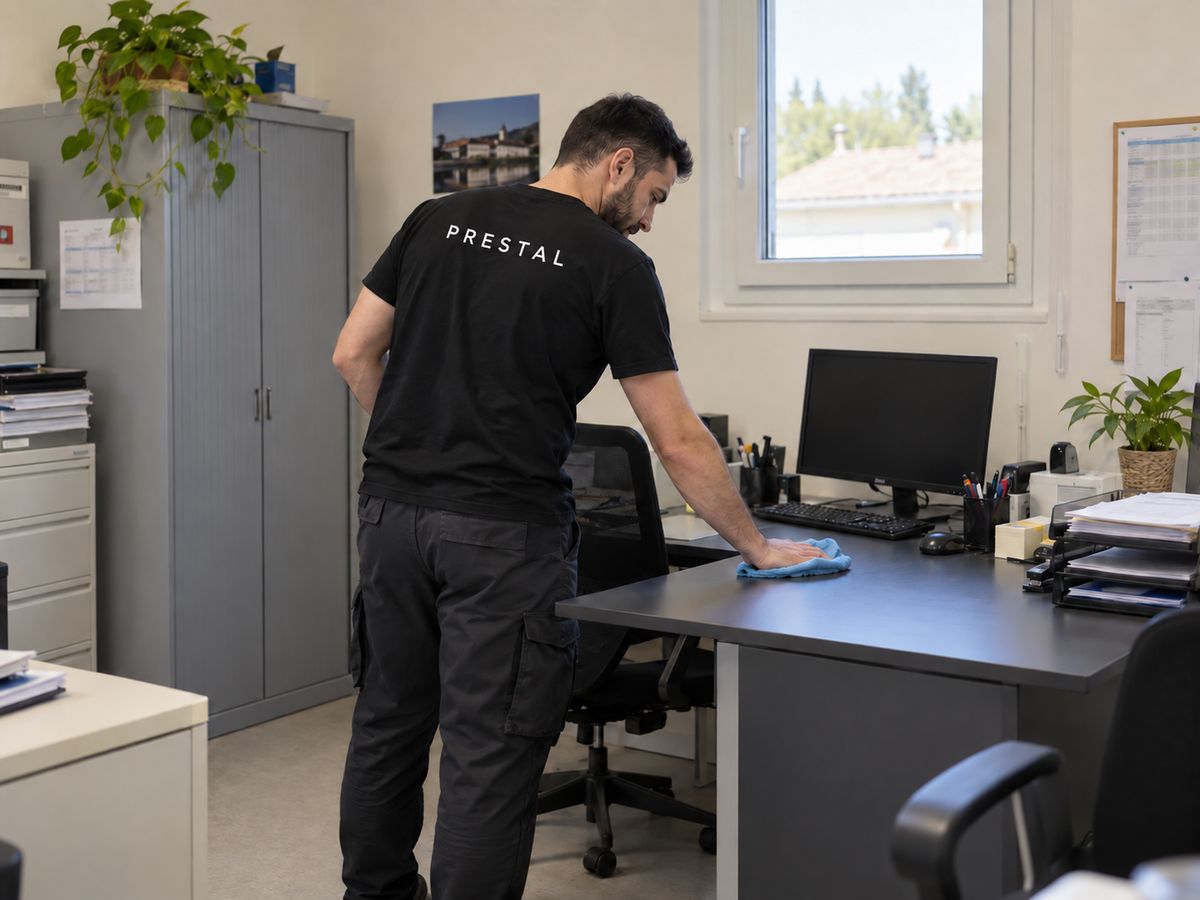 Agent en t-shirt noir Prestal nettoyant un bureau